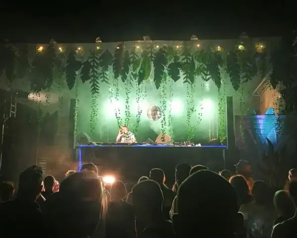 Une dj femme française enflamme la foule sous une décoration jungle. Lumières vertes, fumée et boule à facettes créent une ambiance festive.