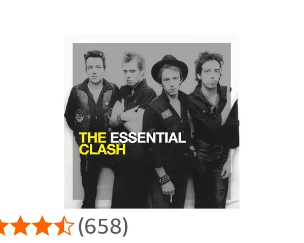 La pochette de l'album "The Essential Clash" présente les quatre membres du groupe dans un style punk emblématique.