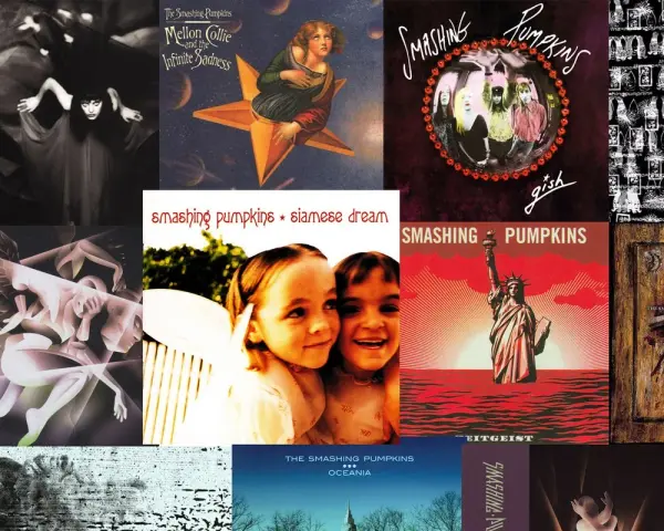 Compilation des pochettes d'albums emblématiques des Smashing Pumpkins, incluant "Siamese Dream" et "Mellon Collie and the Infinite Sadness".