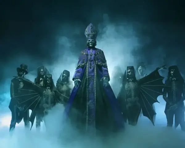 Le groupe Ghost, dans une ambiance brumeuse, entoure un personnage central en robe violette. L'album "Ghost" est évoqué par cette scène macabre.