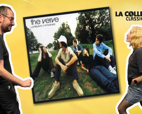 Un homme et une femme admirent la pochette de l'album "Urban Hymns" du chanteur The Verve.