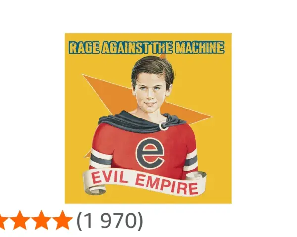 La pochette de l'album "Evil Empire" de Rage Against the Machine, avec un jeune garçon en costume de super-héros.