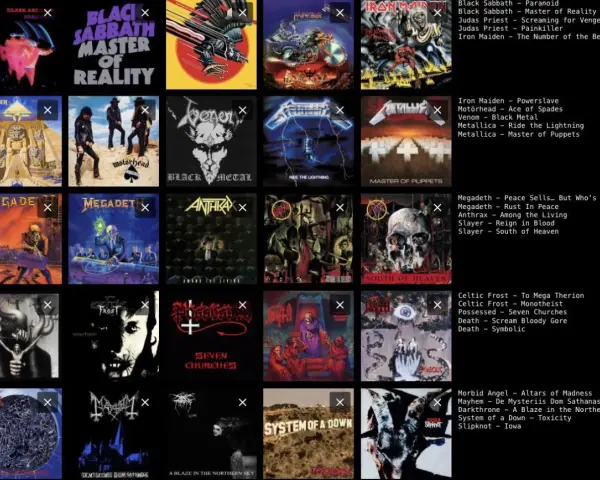 Collection des meilleurs albums de metal : Black Sabbath, Iron Maiden, Megadeth, Slayer, Metallica, et bien d'autres classiques.