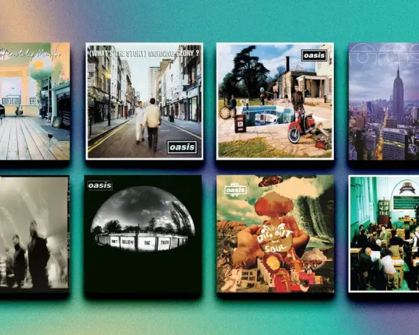 Huit pochettes d'albums emblématiques d'Oasis, dont "Definitely Maybe" et "(What's the Story) Morning Glory?", présentées sur un fond dégradé.