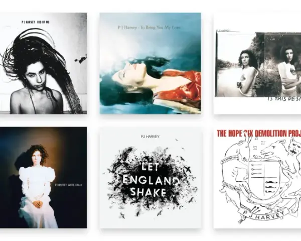 Collection de pochettes d'albums de PJ Harvey, allant de "Dry" à "The Hope Six Demolition Project", montrant son évolution artistique.