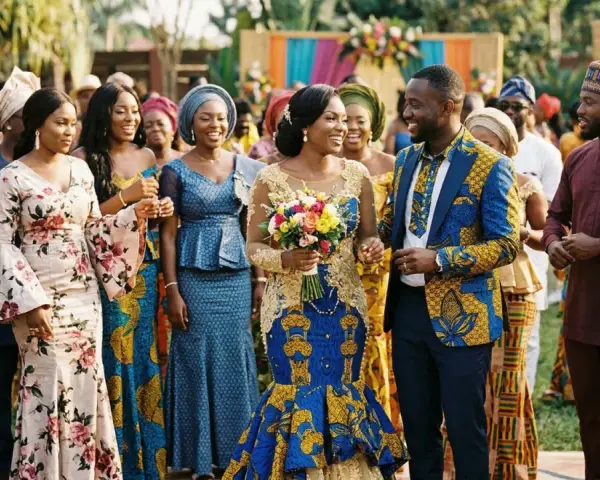 Mariage coloré avec un couple rayonnant. Les invités portent des tenues africaines vibrantes, rappelant un groupe africain connu en France.