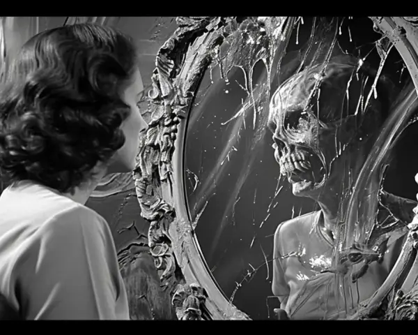 Une femme voit son reflet se transformer en un crâne décharné, une vision digne de Deathspell Omega.
