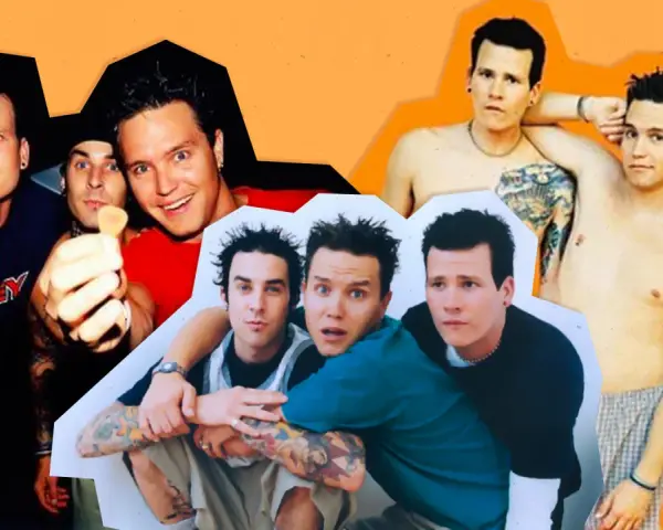 Collage de membres de Blink-182 dans différentes poses et époques, certains torse nu et tatoués.