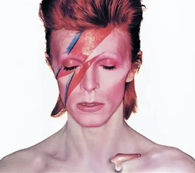 Visage emblématique de David Bowie, maquillage éclair, rappelant la pochette d'un de ses albums iconiques.