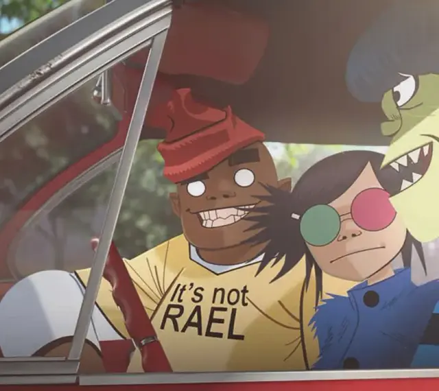 Les membres des Gorillaz dans une voiture, prêts pour une nouvelle aventure musicale. Ces personnages iconiques ont marqué plusieurs albums de Gorillaz.