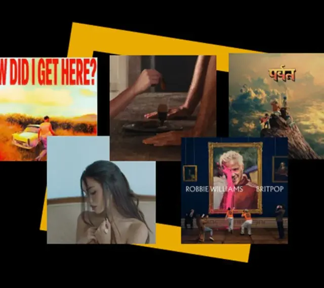 Collage d'images pour une sortie d'album : pochette "How Did I Get Here?", scène mystérieuse, album "Parvat", portrait de Robbie Williams, et une femme.