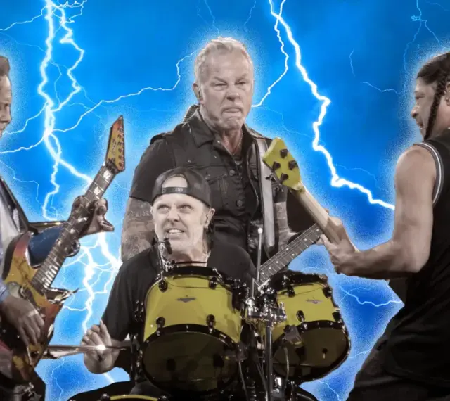 Le groupe Metallica en pleine action, avec des éclairs en arrière-plan, évoquant l'énergie de leur album.