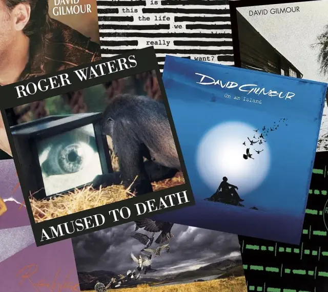 Collage d'albums de David Gilmour et Roger Waters, incluant "Amused to Death" et "On An Island".
