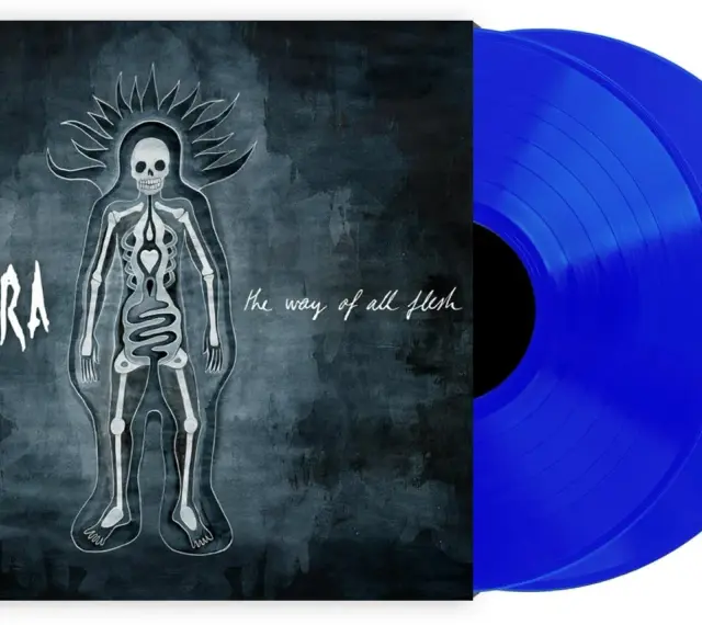 Vinyles bleus de l'album "The Way of All Flesh" de Gojira, avec une illustration d'un squelette stylisé.