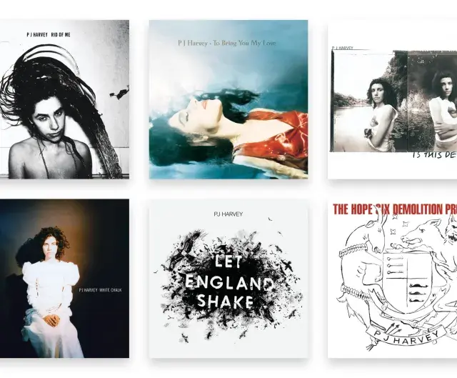 Collection de pochettes d'albums de PJ Harvey, allant de "Dry" à "The Hope Six Demolition Project", montrant son évolution artistique.