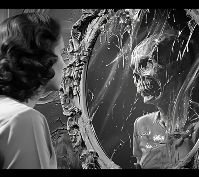 Une femme voit son reflet se transformer en un crâne décharné, une vision digne de Deathspell Omega.