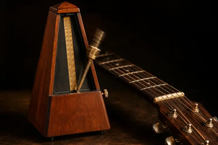 Un métronome en bois et une guitare acoustique, prêts pour la répétition. Le métronome bat la mesure, le temps de **half time** est en cours.