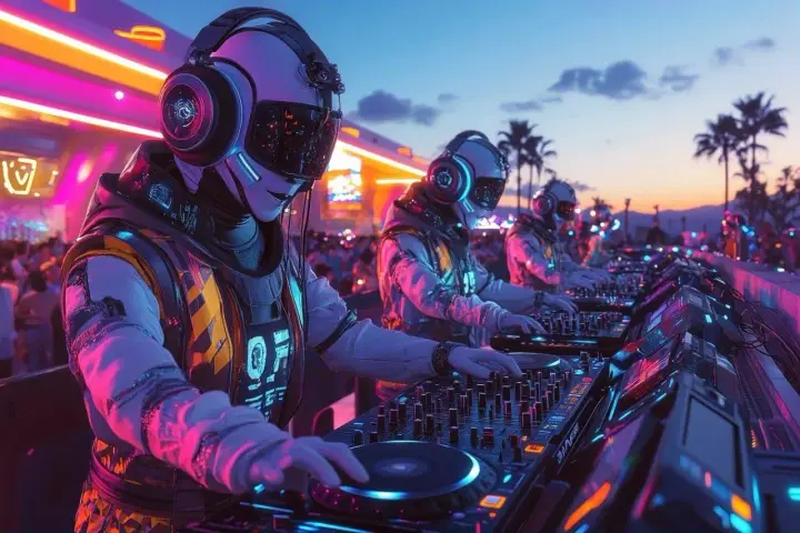 Trois DJs futuristes mixent de la musique electro sous un ciel crépusculaire, éclairés par des néons roses et bleus.