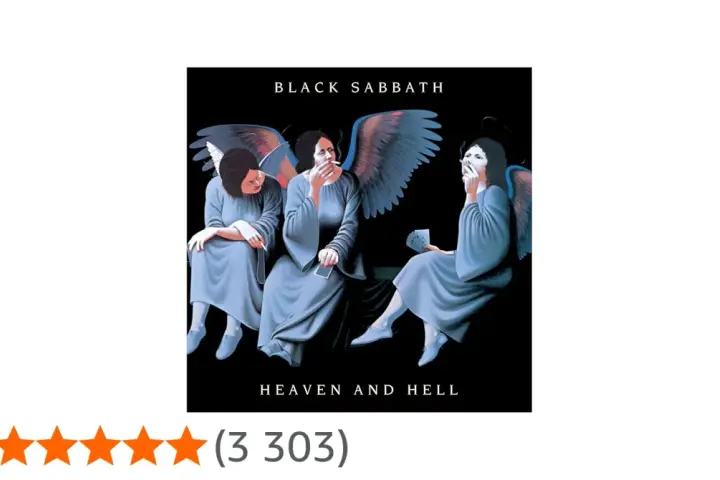 Trois anges aux ailes bleues, fumant des cigarettes, sur la pochette de l'album "Heaven and Hell" de Black Sabbath.