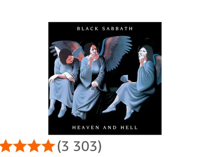Trois anges aux ailes bleues, fumant des cigarettes, sur la pochette de l'album "Heaven and Hell" de Black Sabbath.