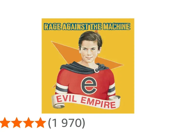 La pochette de l'album "Evil Empire" de Rage Against the Machine, avec un jeune garçon en costume de super-héros.