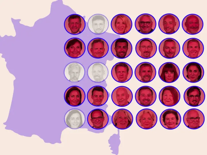Portraits de membres d'un groupe allemand connu en France, disposés sur une carte stylisée de la France.
