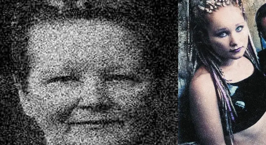 Visage granuleux d'un homme à gauche, et à droite, une jeune femme aux tresses colorées, peut-être Rayna Foss, avec un regard intense.