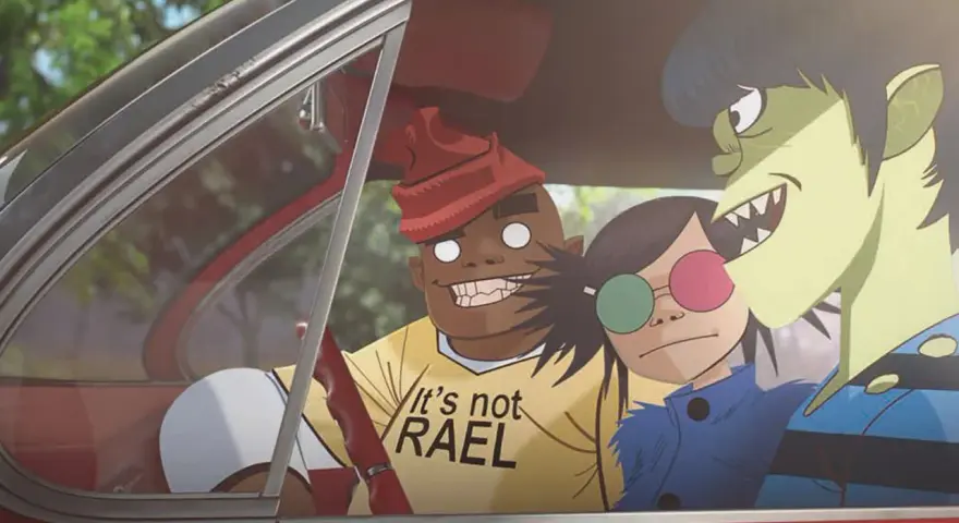 Les membres des Gorillaz dans une voiture, prêts pour une nouvelle aventure musicale. Ces personnages iconiques ont marqué plusieurs albums de Gorillaz.