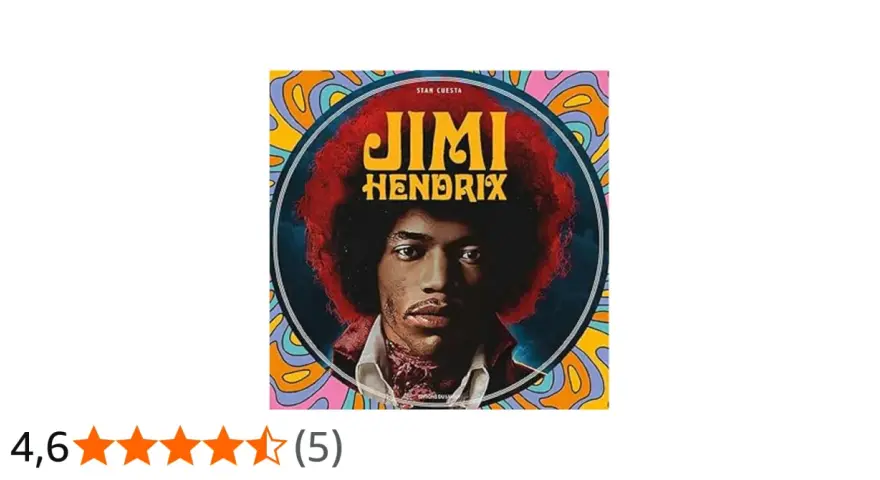 Jimi Hendrix, icône psychédélique, sur la couverture de sa discographie. Un portrait saisissant avec son afro rouge flamboyant.