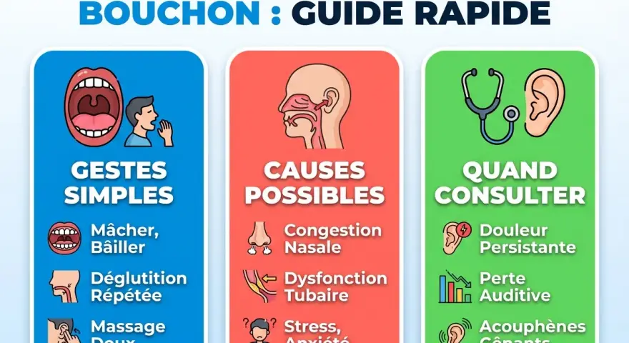 Guide rapide sur l'oreille bouchée : gestes simples, causes possibles (congestion nasale, dysfonction tubaire, stress) et quand consulter (douleur, perte auditive, acouphènes). Évitez le bouchon oreille interne.