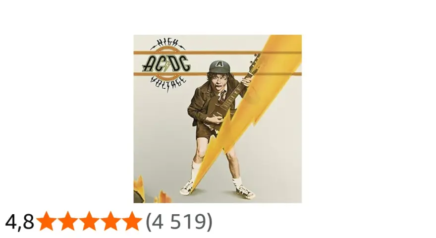 Couverture du premier album d'ACDC, "High Voltage", avec un jeune homme jouant de la guitare sous un éclair jaune.