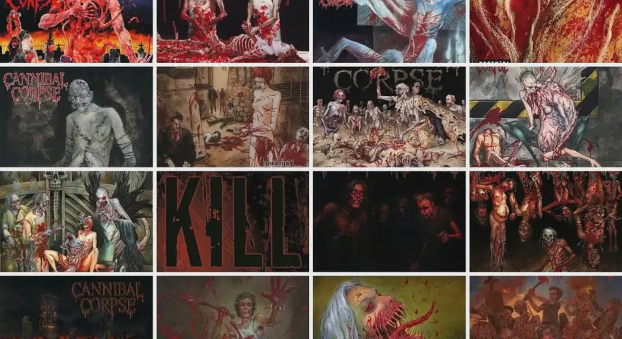 Collage d'illustrations gores de Cannibal Corpse, montrant des scènes macabres et sanglantes, des cadavres démembrés et des créatures monstrueuses.