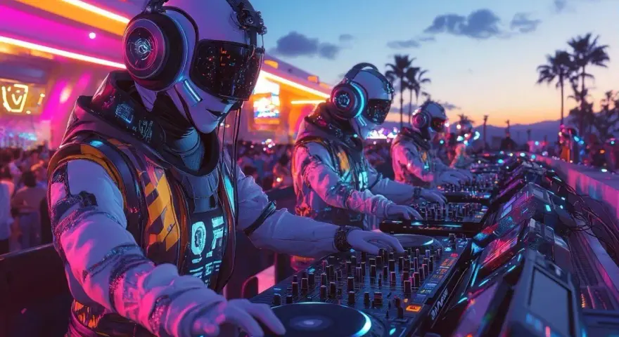 Trois DJs futuristes mixent de la musique electro sous un ciel crépusculaire, éclairés par des néons roses et bleus.