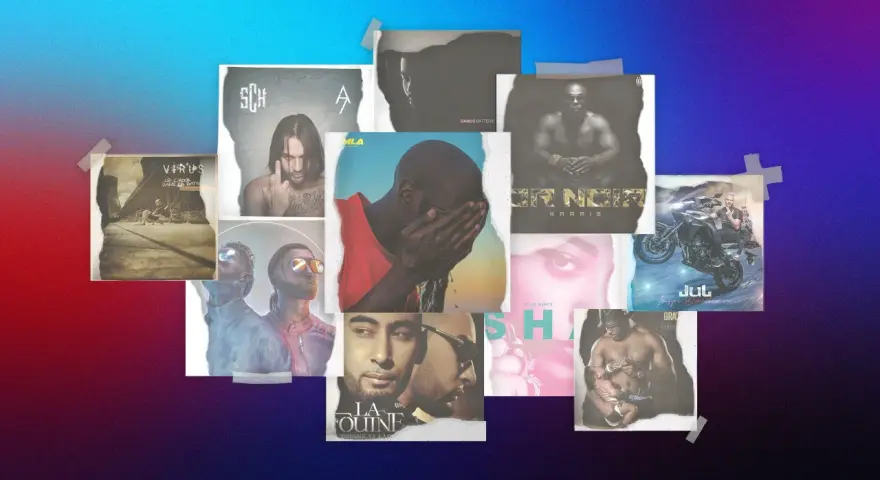 Collage d'albums de rap français, dont SCH, Kaaris, Jul. Un ancien rappeur français est représenté sur plusieurs pochettes.