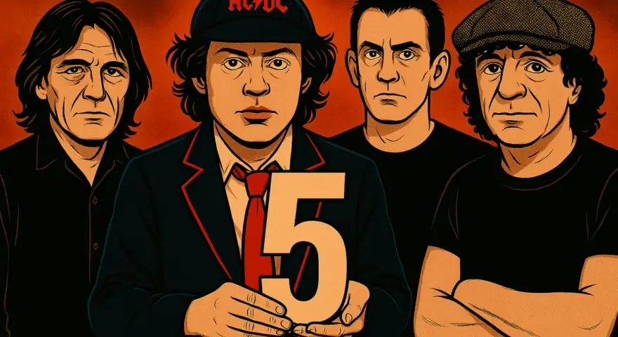 Le groupe ACDC, cinq membres en portrait stylisé. L'un porte une casquette AC/DC et une veste, tenant un grand chiffre 5.