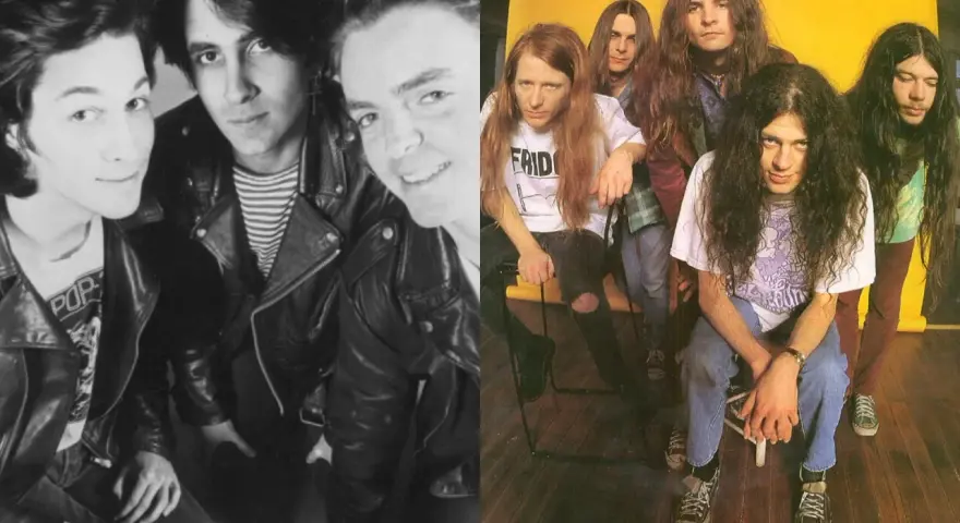 Groupe australien année 90, deux groupes de rock côte à côte, l'un en noir et blanc, l'autre en couleur.