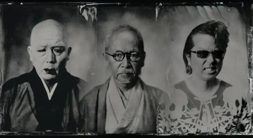 Trois portraits en noir et blanc de visages japonais. Le premier, chauve, porte une tenue sombre. Le second, avec des lunettes rondes, a une moustache. Le troisième, avec des lunettes de soleil, arbore un motif de crâne, évoquant un style metal japonais.