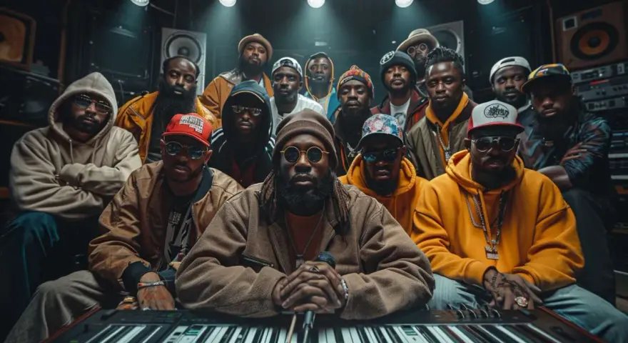 Un groupe d'hommes, représentant les différents styles de rap français, pose dans un studio d'enregistrement.