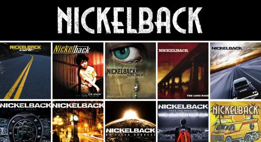 Collection des albums de Nickelback : "Curb", "The State", "Silver Side Up", "The Long Road", "All the Right Reasons", "Dark Horse", "Here and Now", "No Fixed Address", "Feed the Machine", "Get Rollin'".