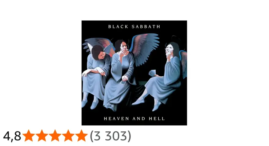 Trois anges aux ailes bleues, fumant des cigarettes, sur la pochette de l'album "Heaven and Hell" de Black Sabbath.