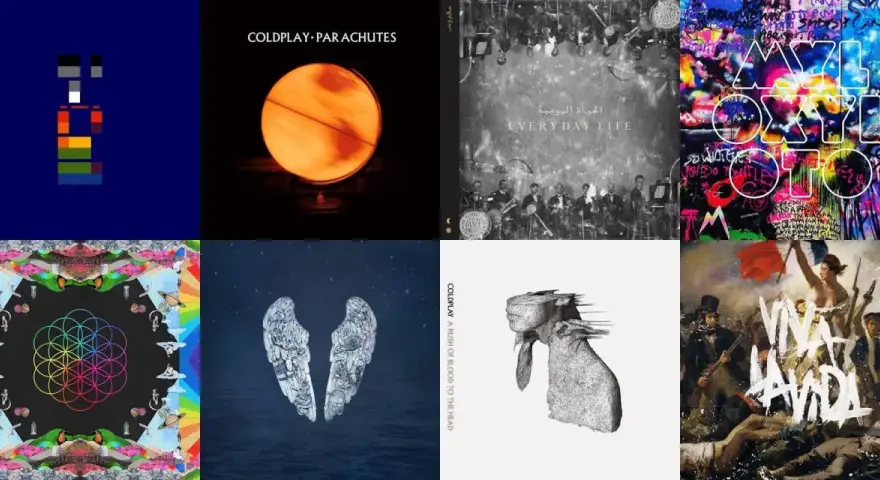 Collage des pochettes des albums de Coldplay : Parachutes, Everyday Life, Mylo Xyloto, A Rush of Blood to the Head, Ghost Stories, Music of the Spheres, Viva la Vida.