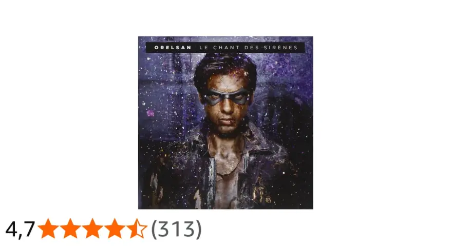 Pochette de l'album "Le Chant des Sirènes" d'Orelsan, avec le rappeur au regard intense, masqué, sous une pluie de paillettes.