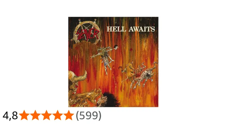 La pochette de l'album "Hell Awaits" de Slayer, une œuvre d'art démoniaque et enflammée, parfaite pour les amateurs de leurs albums.