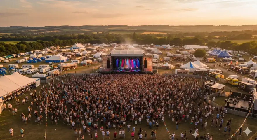 Festival de musique en plein air, une foule immense devant une scène illuminée. On imagine un chanteur blues français y donner un concert mémorable.