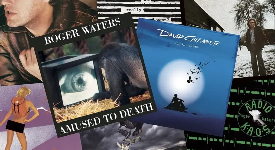 Collage d'albums de David Gilmour et Roger Waters, incluant "Amused to Death" et "On An Island".