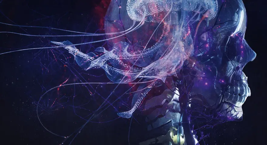 Une méduse lumineuse et des filaments bleus s'entremêlent autour d'un crâne translucide, évoquant le "blut aus nord" dans un univers cosmique.