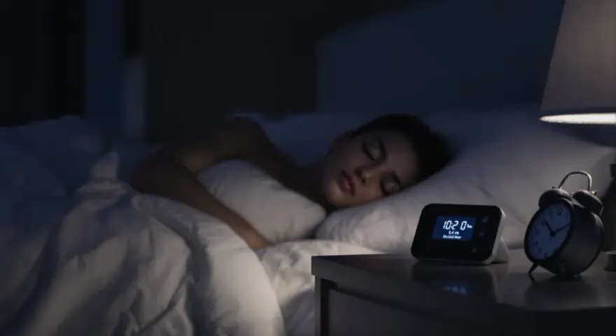 Une jeune femme dort paisiblement. Sur la table de nuit, un réveil affiche 10:20. La question est : combien de décibels pour dormir ?