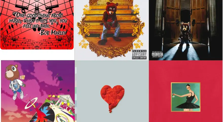 Six pochettes d'album de Kanye West, dont "Late Registration" avec un ours en peluche.