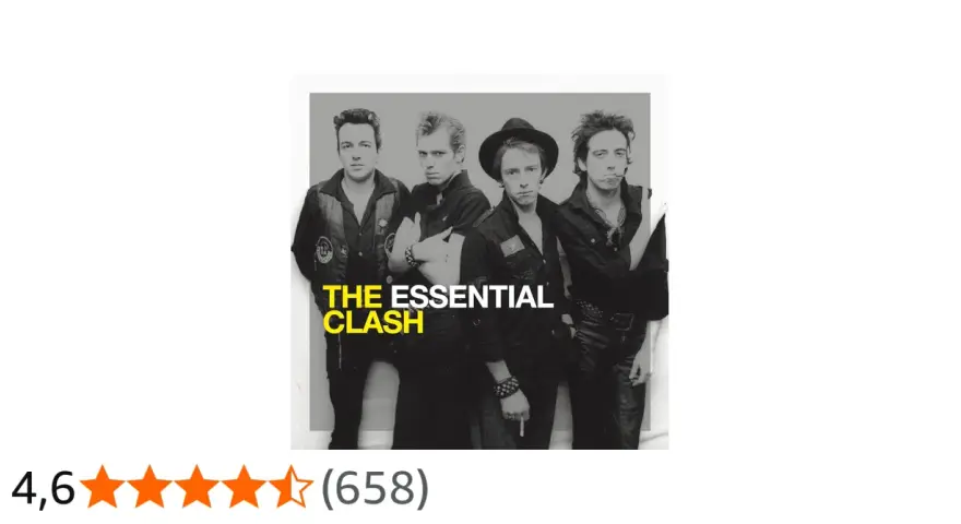 La pochette de l'album "The Essential Clash" présente les quatre membres du groupe dans un style punk emblématique.