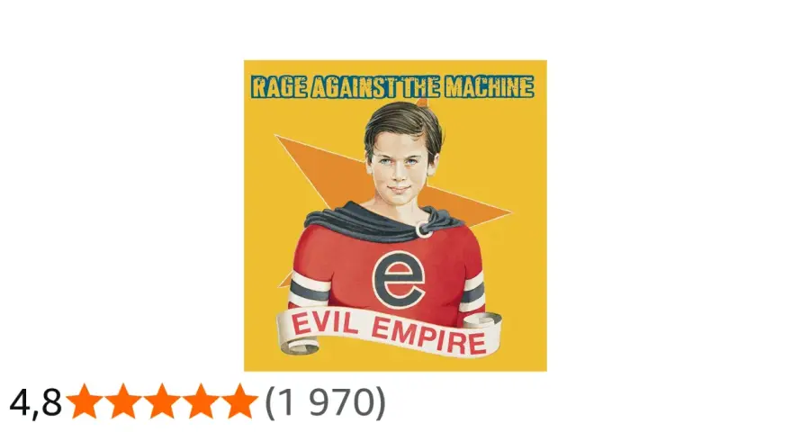 La pochette de l'album "Evil Empire" de Rage Against the Machine, avec un jeune garçon en costume de super-héros.